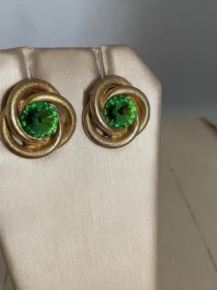Picture of Vintage Gold Tone Love Knot Earrings Green Rhinestone
