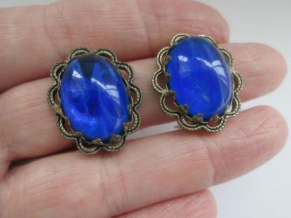 Picture of Vintage Cobalt Blue Glass Flower Clip Earrings