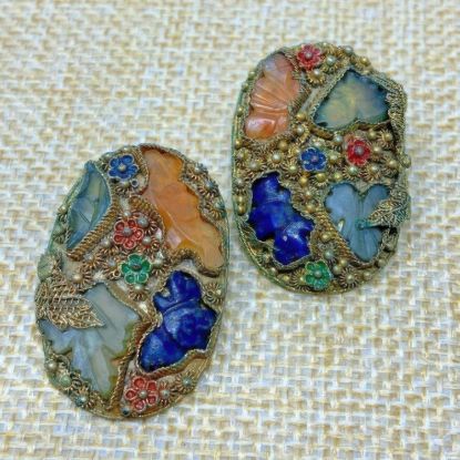 Picture of Vintage Antique Gold Clip On Earrings Natural Stone