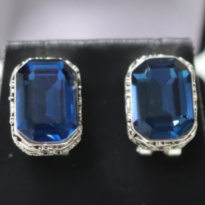 Picture of Vintage Carved Blue Sapphire Earrings 14k White Gold