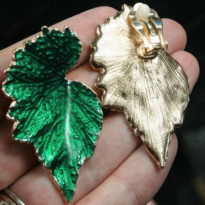 Picture of Vintage Green Enamel Clip On Leaf Earrings