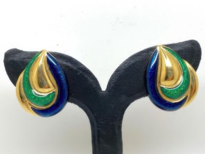 Picture of Vintage Blue Green Enamel Clip Earrings Vintage Jewelry