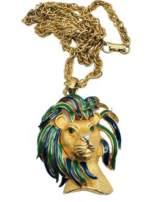 Picture of Vintage Enameled Lion Head Rhinestone Necklace