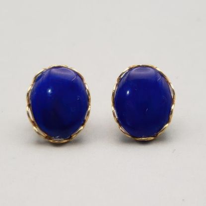 Picture of Vintage Blue Acrylic Oval Stud Earrings Gold Tone