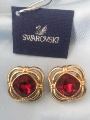 Picture of Vintage Signed Swarovski Red Crystal Swan Earrings