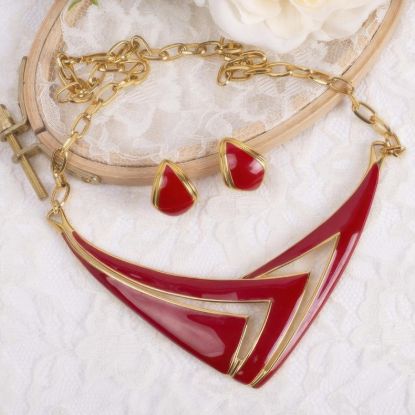 Picture of Vintage Monet Red Enamel Triangle Necklace Earrings Set