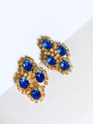 Picture of Vintage Gold Tone Blue Clear Rhinestone Earrings