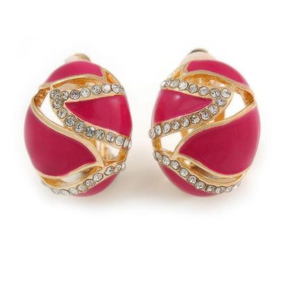 Picture of Gold Plated Oval Magenta Crystal Clip Earrings