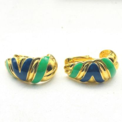 Picture of Vintage Blue Green Enamel Wavy Clip Earrings