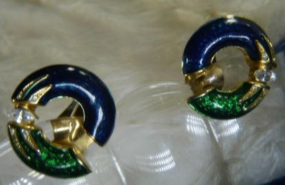 Picture of Vintage Blue Green Enamel Rhinestone Clip Earrings