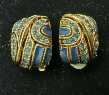 Picture of Vintage Dark Blue Rhinestone Enamel Gold Earrings